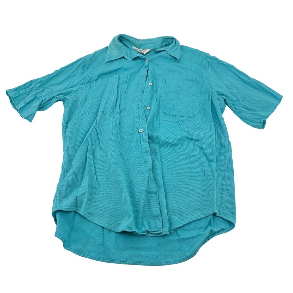 Vintage Express Turquoise Short-Sleeve Button-Up Shirt S 100% Cotton Hong Kong